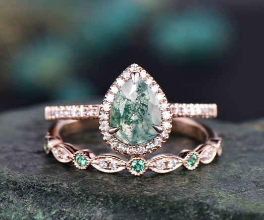 2pcs Moss Agate Bridal Set Vintage Moss Agate Engagement Ring Set Rose Gold Natural Emerald Wedding Ring Set Marquise Ring Diamond Halo Ring