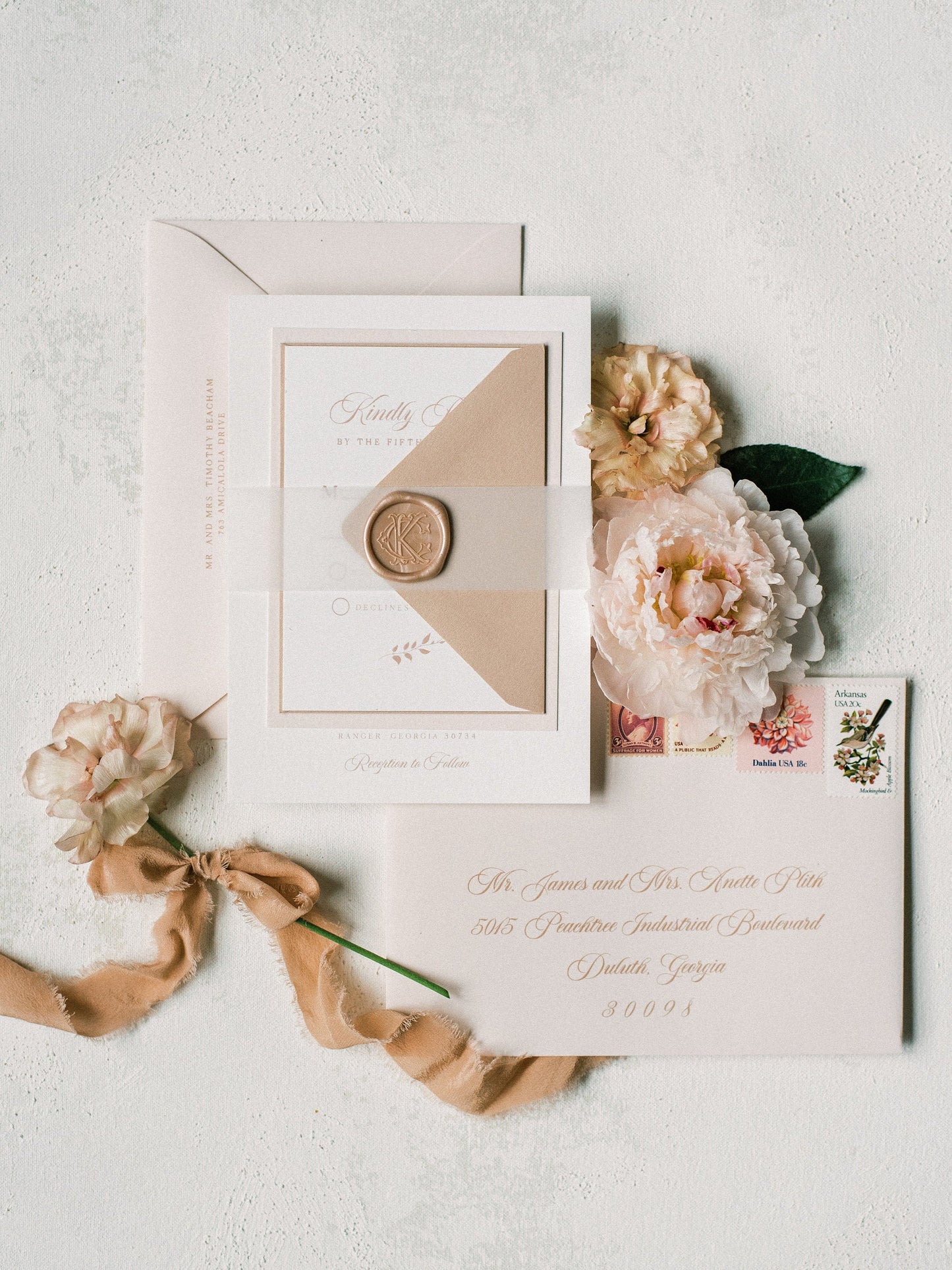 Vintage Monogram Crest Wedding Invitation with Vellum Belly Band and Wax Seal in Pale Pink and Blush — Other Color Options!