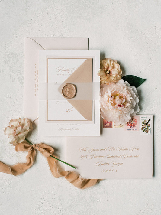 Vintage Monogram Crest Wedding Invitation with Vellum Belly Band and Wax Seal in Pale Pink and Blush — Other Color Options!