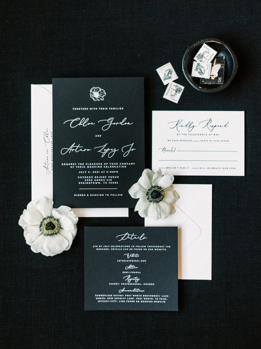 Simple, Minimalist, Modern Black & White Wedding Invitation with Anemone and Calligraphy Script - Different Color Options!