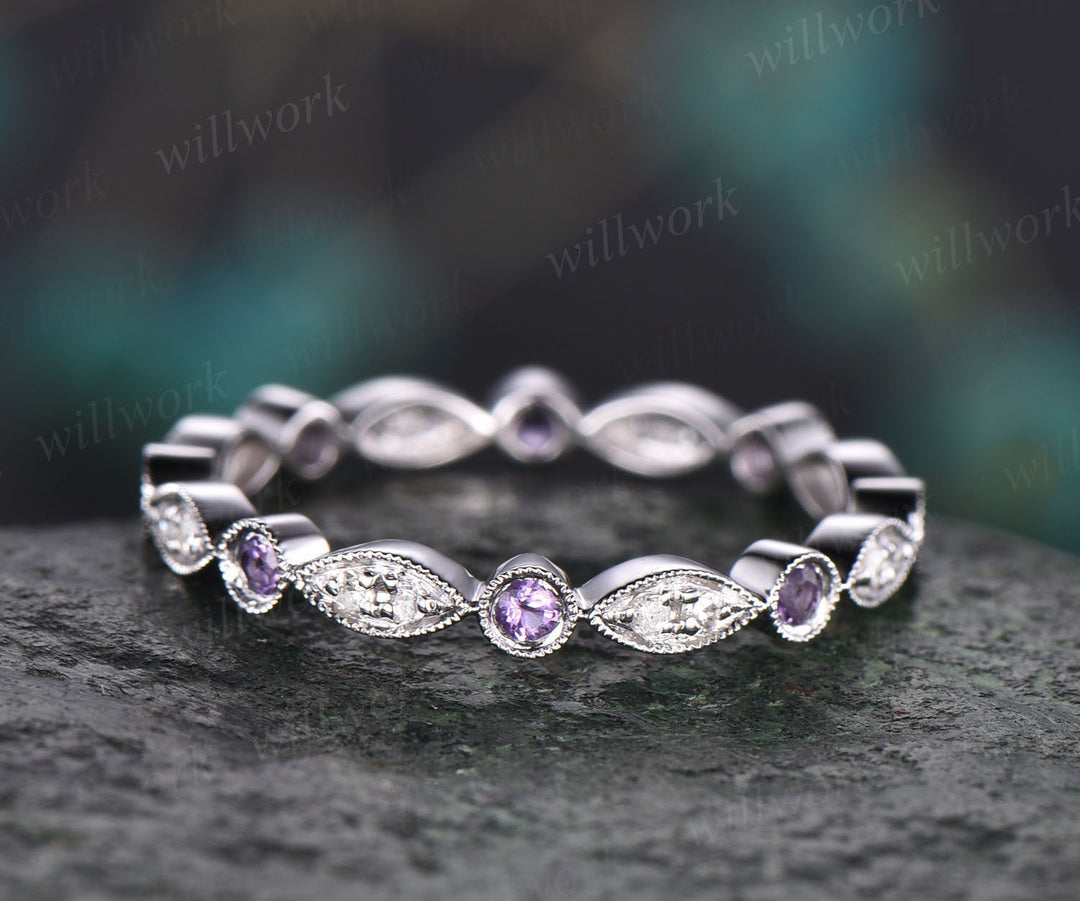 Full Eternity Amethyst Wedding Ring Art Deco Diamond Wedding Band Marquise Ring 14k White Gold Ring Custom Jewelry Milgrain Wedding Band