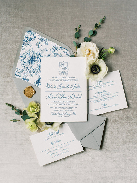 Formal & Traditional Monogram Crest Wedding Invitation with Vellum Belly Band and Gold Wax Seal in Grey, Navy and Slate Blue — Other Colors!