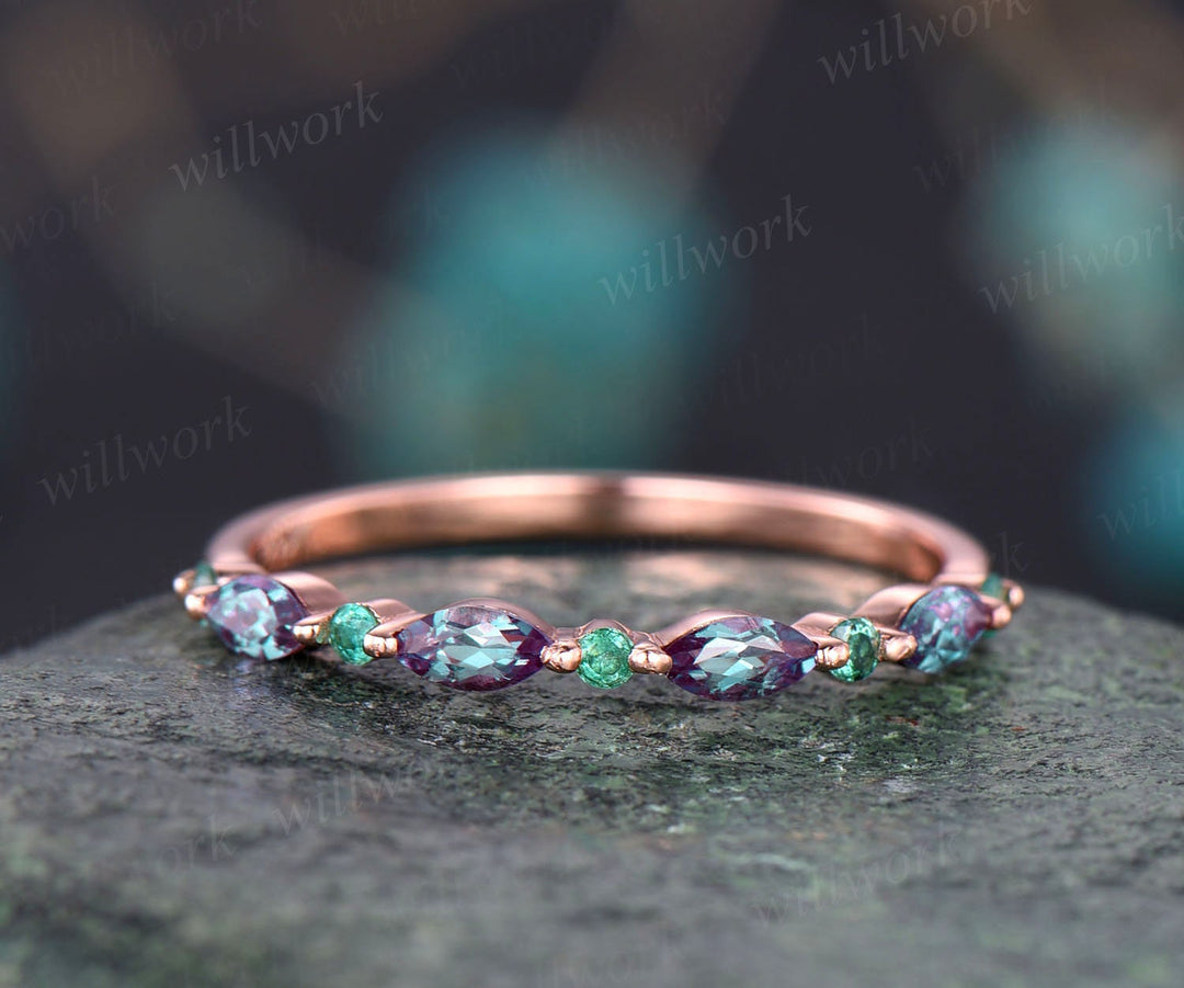 Marquise Alexandrite Wedding Band Natural Emerald Ring For Women Vintage Emerald Wedding Ring Rose Gold Eternity Bridal Anniversary Ring