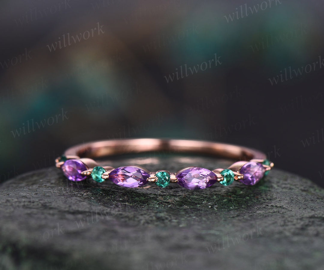 Marquise Cut Amethyst Wedding Band Half Eternity Natural Emerald Wedding Band 14k Rose Gold Art Deco Stacking Ring Women Anniversary Band