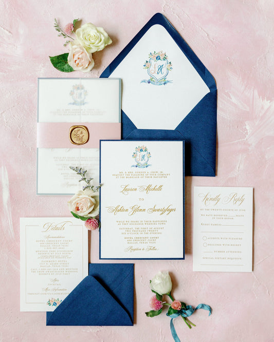 Custom Floral Water Color Monogram Crest in Navy Blue, Blush & Gold Thermography with Envelope Liner and Guest Addressing — Other Colors!