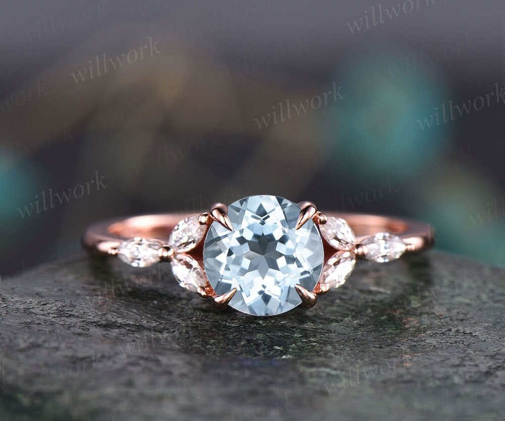 1ct Round Cut Aquamarine Engagement Ring Rose Gold Marquise Moissanite Ring For Women March Birthstone Ring Unique Vintage Bridal Ring Gift