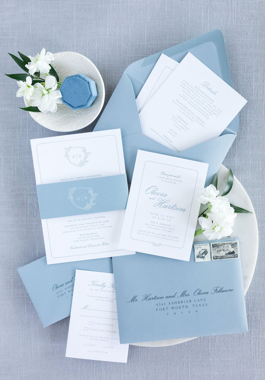 Letterpress Wedding Invitation in Pale Blue with Delicate Greenery Monogram Crest with Belly Band— Other Colors!
