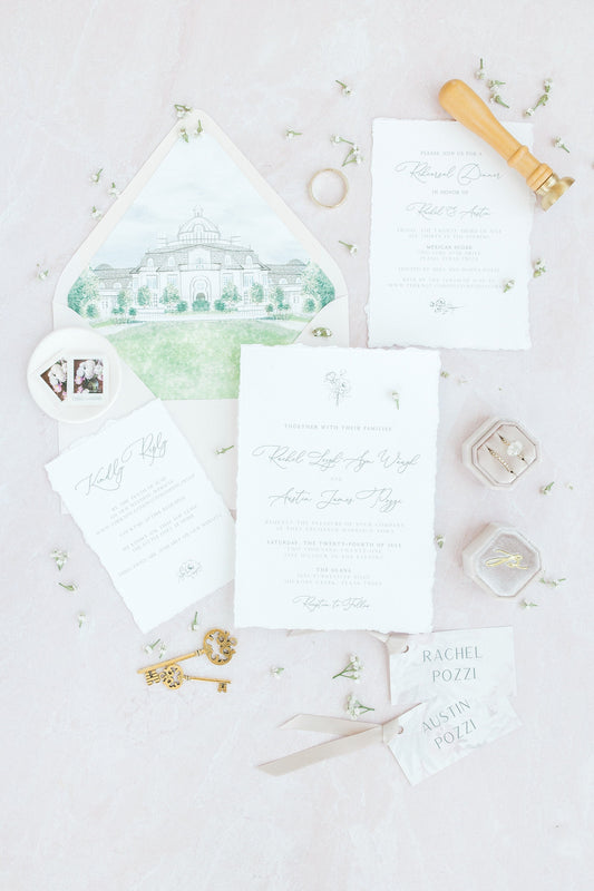 Delicate Floral Wedding Invitation with Water Color Venue Illustration, Calligraphy, Ivory and Pink — Envelope Liner, Guest Address Printin