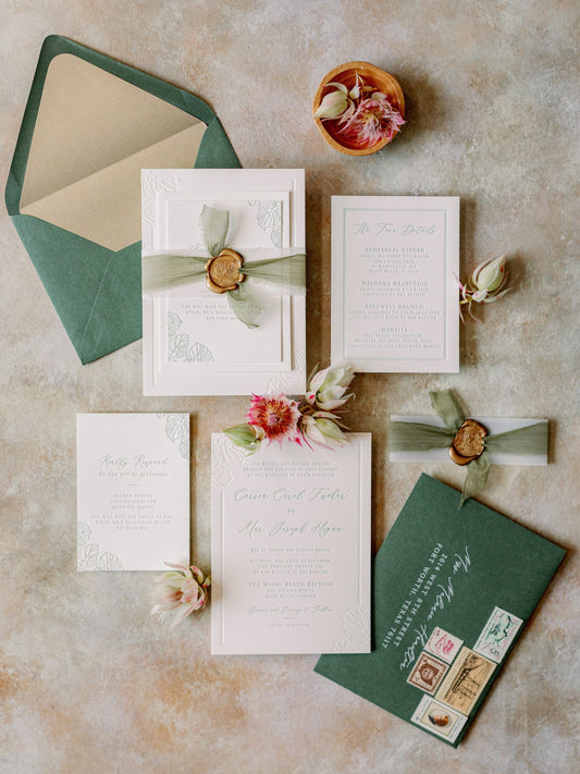Destination Miami Wedding Invitation with Tropical Palm Leaves, Blind Deboss, Letterpress, Green Silk Ribbon, Gold Wax Seal & Addressing