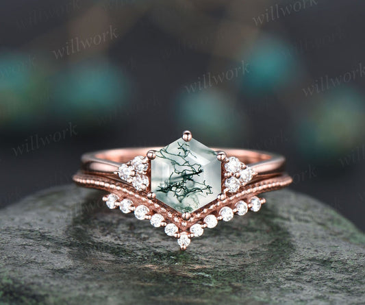 Hexagon Cut Green Moss Agate Ring Rose Gold Silver Vintage Unique Engagement Ring Set Six Prong Dainty Moissanite Bridal Ring Set For Women