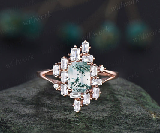 Emerald Cut Green Moss Agate Engagement Ring Rose Gold Unique Baguette Cut Engagement Ring Split Shank Moissanite Promise Wedding Ring Women