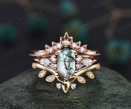 Green Moss Agate Ring Set Vintage Long Hexagon Cut Moss Agate Engagement Ring Set Diamond Ring Rose Gold Unique Anniversary Ring Set Women