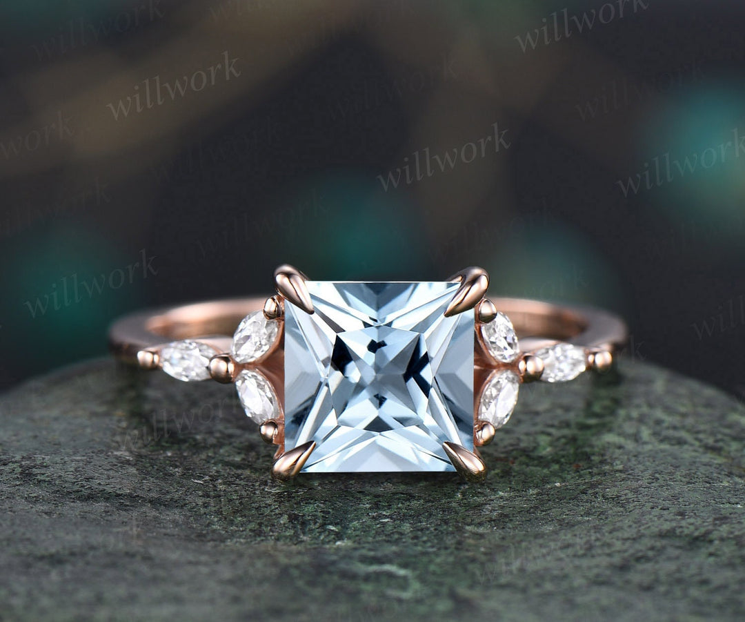 2ct Princess Cut Aquamarine Aquamarine Engagement Ring Rose Gold Unique Cluster Engagement Ring Art Deco Diamond Promise Wedding Ring Women