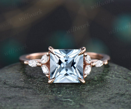 2ct Princess Cut Aquamarine Aquamarine Engagement Ring Rose Gold Unique Cluster Engagement Ring Art Deco Diamond Promise Wedding Ring Women
