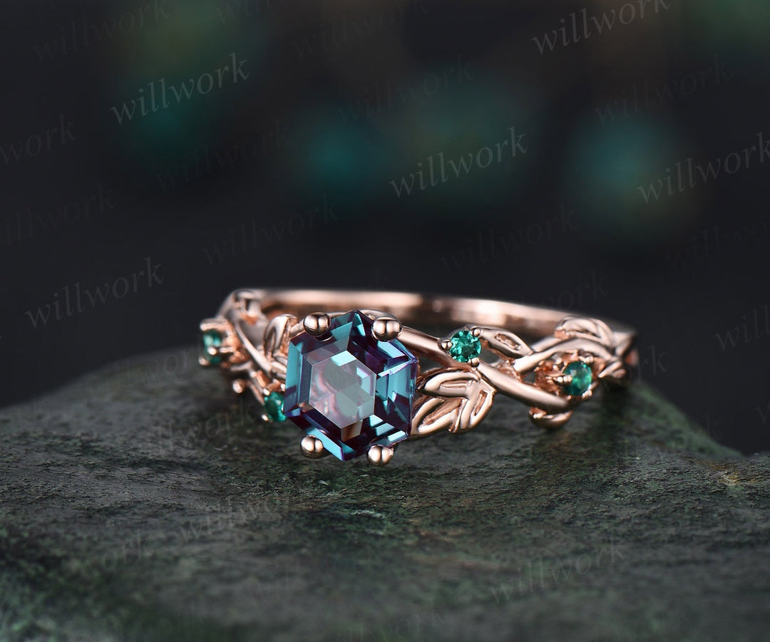2ct Alexandrite Ring Vintage Hexagon Cut Alexandrite Engagement Ring Rose Gold Leaf Emerald Ring Silver June Birthstone Ring Promise Ring