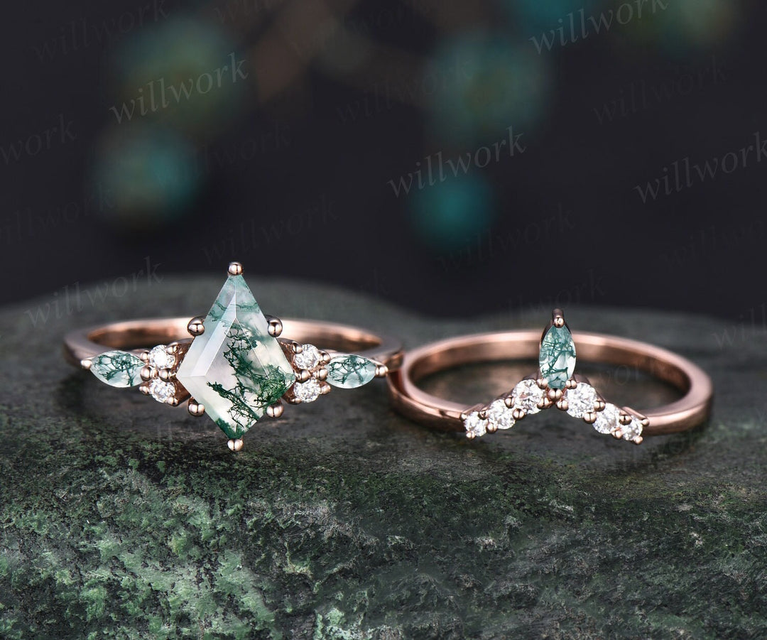 1.5ct Unique Kite Cut Moss Agate Engagement Ring Set Marquise Cut Moss Agate Ring Vintage Rose Gold 6 Prong Diamond Wedding Ring Set Women