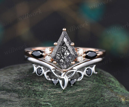 Kite Cut Black Rutilated Quartz Ring Unique Engagement Ring Set Rose Gold Vintage Moissanite Ring Women Black Diamond Wedding Ring Set