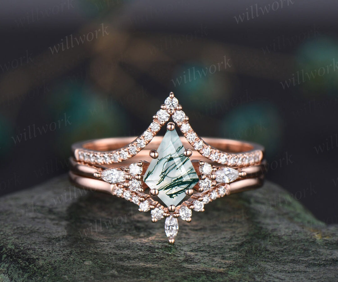 3pcs Kite Cut Moss Agate Engagement Ring Set 14k Rose Gold Art Deco Unique Wedding Bridal Ring Set Moissanite Ring For Women Fine Jewelry