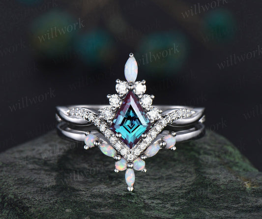 Kite Cut Alexandrite Engagement Ring Set Art Deco 14k White Gold Halo Marquise Cut Opal Ring Set Twisted Moissanite Bridal Ring Set Women