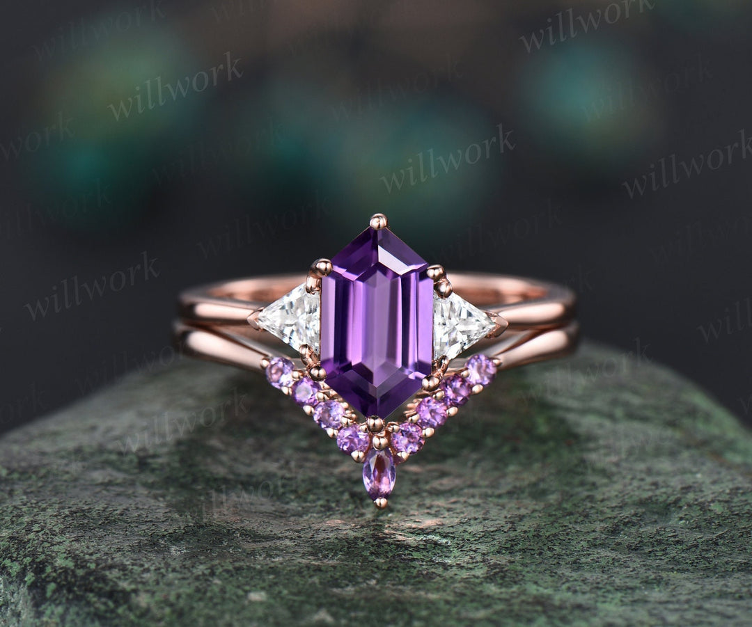 Long Hexagon Cut Amethyst Engagement Ring Set Three Stone 14k Rose Gold Amethyst Wedding Band Moissanite Anniversary Ring Set For Women Gift