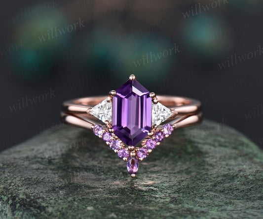 Long Hexagon Cut Amethyst Engagement Ring Set Three Stone 14k Rose Gold Amethyst Wedding Band Moissanite Anniversary Ring Set For Women Gift
