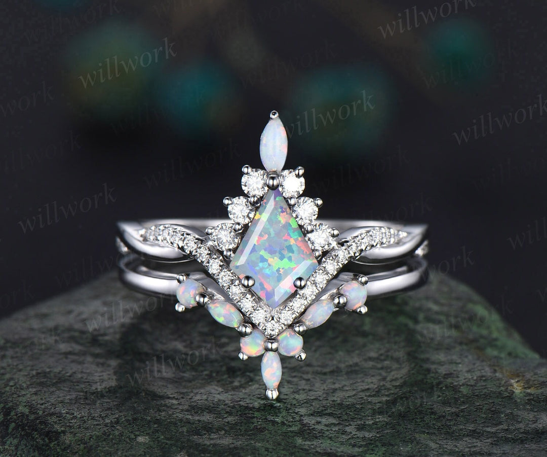 Kite Cut White Opal Engagement Ring Set Art Deco 14k White Gold Halo Marquise Cut Opal Ring Set Twisted Moissanite Bridal Ring Set For Women