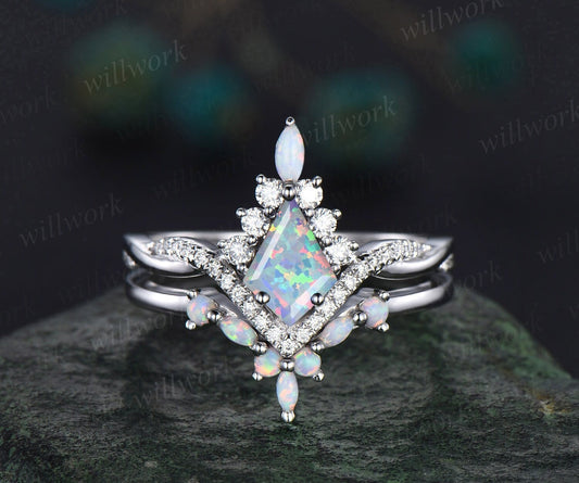 Kite Cut White Opal Engagement Ring Set Art Deco 14k White Gold Halo Marquise Cut Opal Ring Set Twisted Moissanite Bridal Ring Set For Women