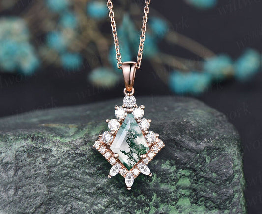 Kite Natural Moss Agate Necklace Solid 14k 18k Rose Gold Vintage Unique Halo Diamond Pendant For Women Her Anniversary Bridal Gift Mother