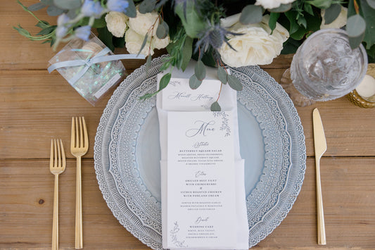 Navy Blue & White Floral Wedding Menu with Simple Modern Calligraphy Script — Available in Other Colors!