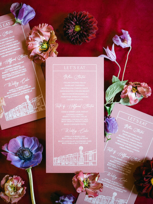 Venue Illustration Wedding Menu on Blush with White Ink Print, Modern Calligraphy Script — Available in Other Colors!