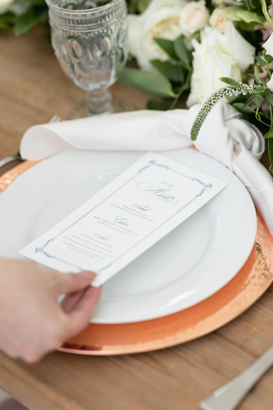 Bordered Navy & White Wedding Menu with Frame Design and Modern Calligraphy Script — Available in Other Colors!