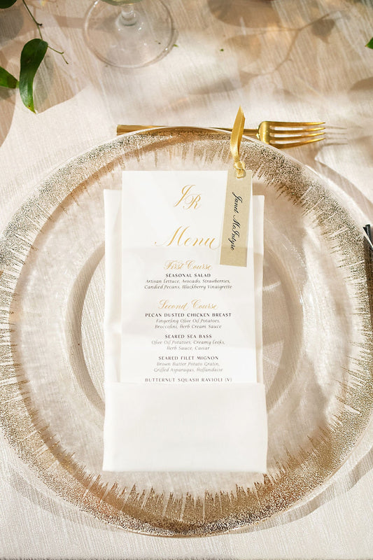 Formal Gold and White Classic Wedding Menu with Place Card Escort Card Tag Attached with Champagne Ribbon — Different Colors Available!