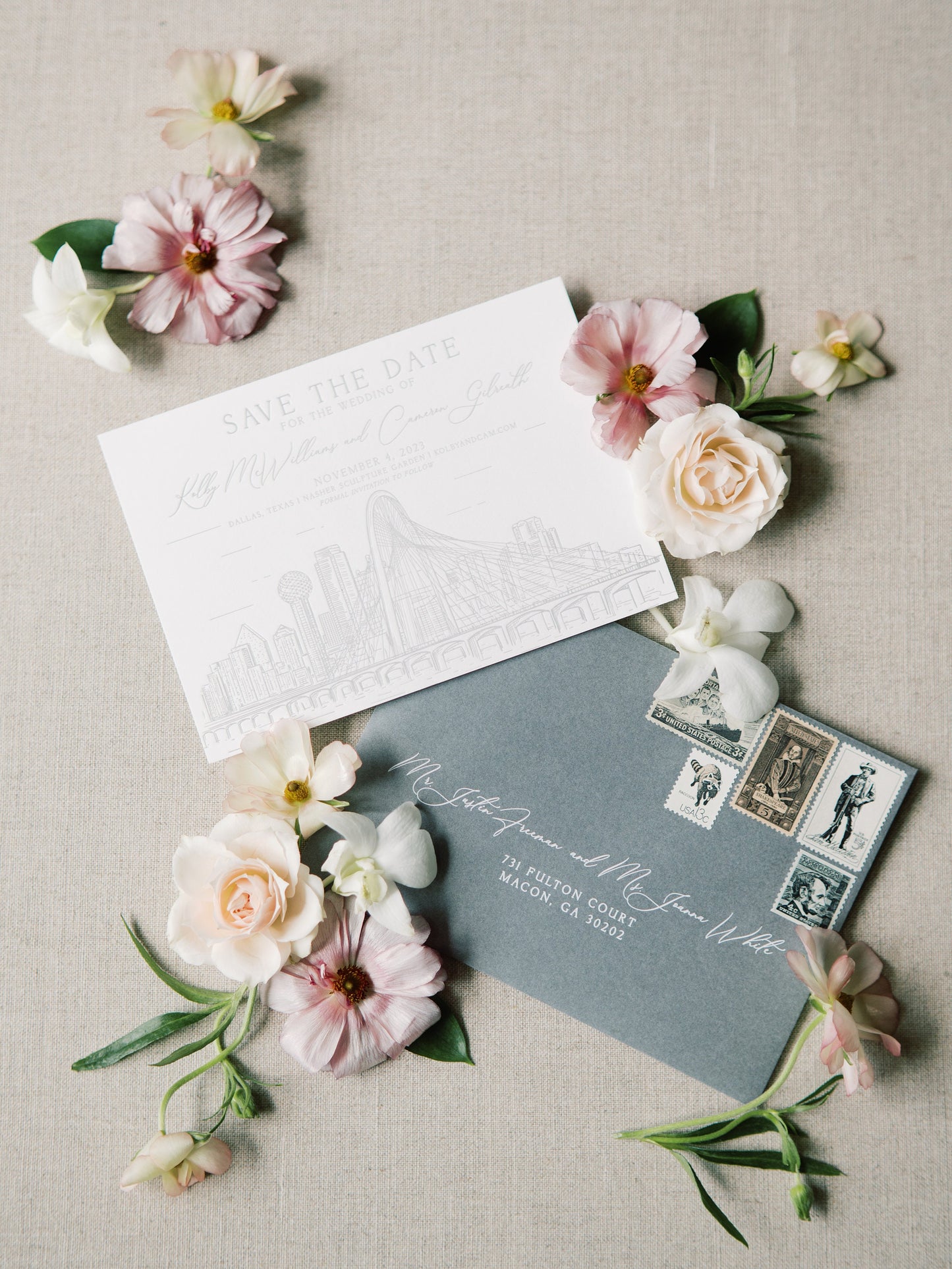 Grey Letterpress Save the Date with Custom Wedding Venue Illustration of Dallas Texas Skyline with Envelope Addressing — Different Colors!