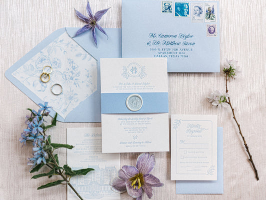 Letterpress Monogram Wedding Invitation in Pale Blue with Belly Band, White Wax Seal and Floral Envelope Liner — Other Colors Available!
