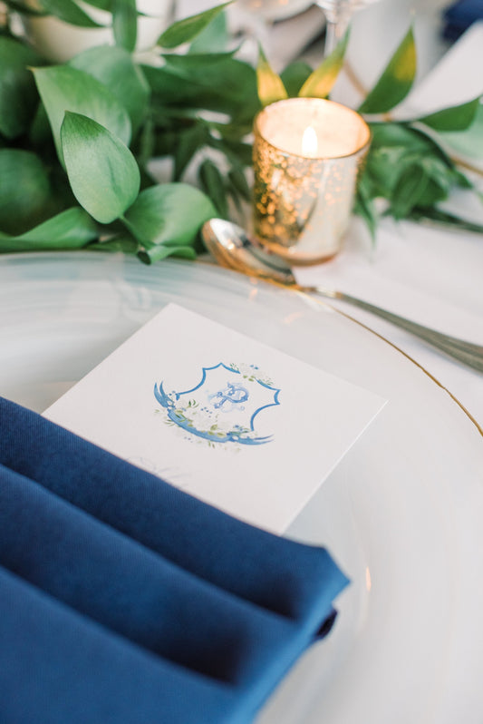 Water Color Monogram Wedding Menu in Pale Blue and Navy with Simple Modern Calligraphy Script — Available in Other Colors!