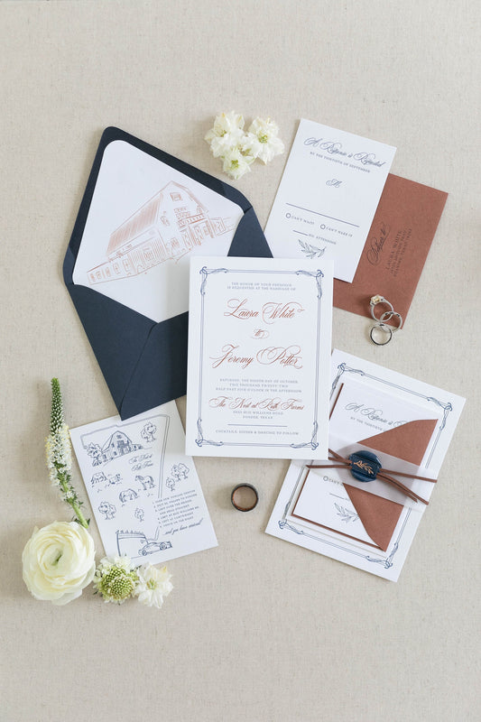 Invitation with Custom Wedding Venue Line Illustration + Vellum Belly Band, Leather Tie and Wax Seal in Navy and Copper Foil – Other Colors!