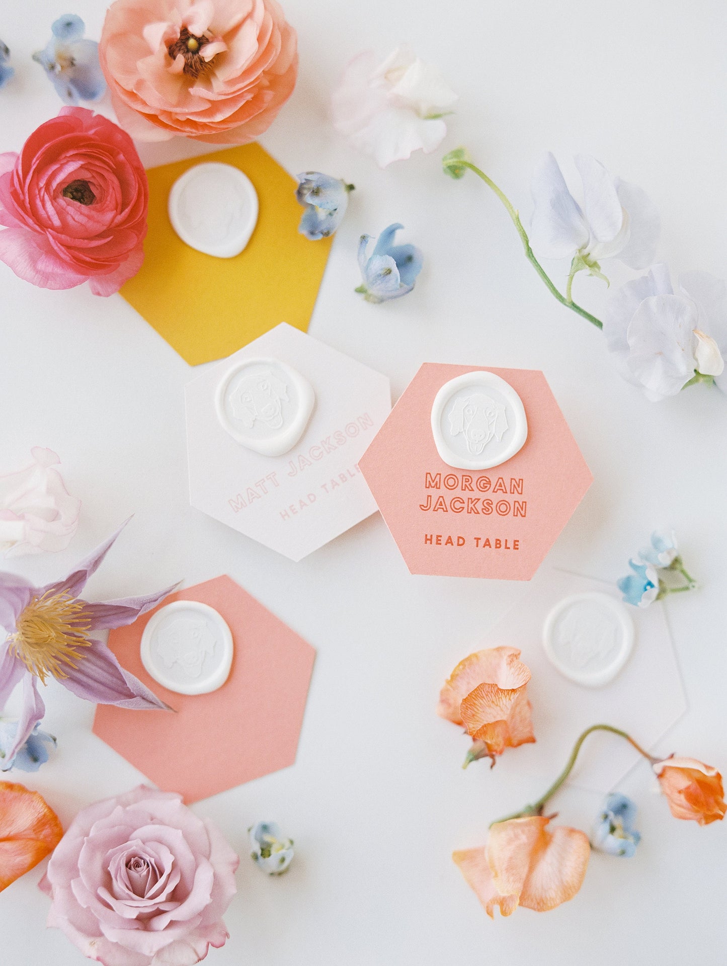 Hexagon Shaped Wedding Place Cards Escort Cards Cards with White Wax Seal with Guest Name in Pink, Yellow and Orange — Other Colors!