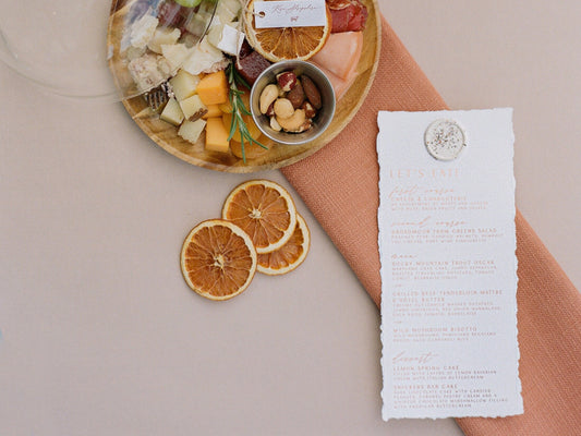 Hand Deckled Edges Menu in Copper Foil with White Wax Seal with Modern Calligraphy — Printed Wedding Menu - Other Colors Available!