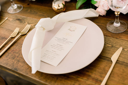 Water Color Monogram Wedding Menu in Pale Pink and Gold with Elegant Modern Calligraphy Script — Available in Other Colors!