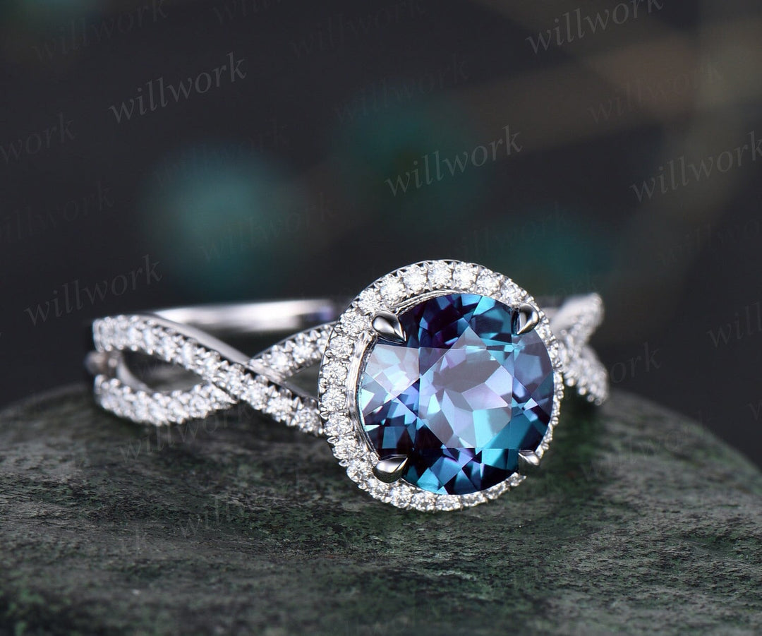 2ct Round Alexandrite Engagement Ring White Gold Twisted Infinity Halo Diamond Ring Vintage Unique Promise Wedding Anniversary Ring Women