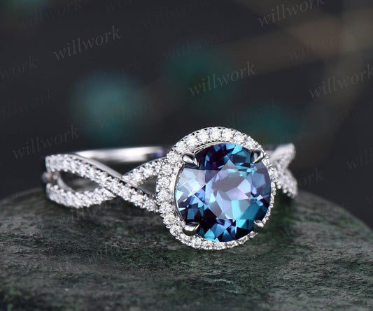 2ct Round Alexandrite Engagement Ring White Gold Twisted Infinity Halo Diamond Ring Vintage Unique Promise Wedding Anniversary Ring Women