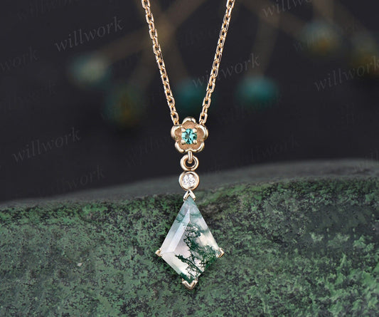 Kite Cut Natural Moss Agate Necklace Solid 14k 18k Yellow Gold Bezel Diamond Floral Emerald Pendant Women Her Anniversary Bridal Gift Mother