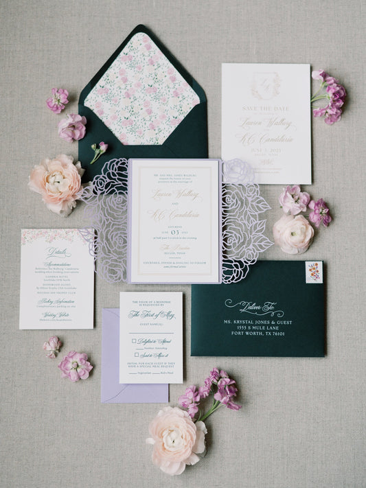 Gold Foil Stamp Wedding Invitation with Laser Cut Rose Gate Card, Floral Water Color Monogram Crest in Blush, Lavender & Green — Other Color