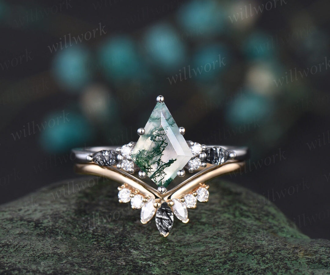 Kite Cut Green Moss Agate Engagement Ring White Gold Black Rutilated Quartz Ring Women Unique Diamond Promise Wedding Ring Set Jewelry
