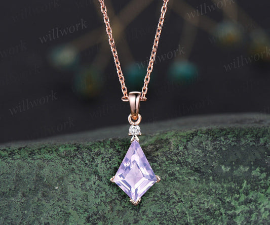 Kite Cut Lavender Amethyst Necklace Solid 14k 18k Rose Gold Vintage Unique Personalized Pendant For Women Her Anniversary Bridal Gift Mother