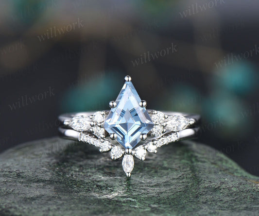 Kite Cut Natural Aquamarine Engagement Ring Set 14k White Gold Marquise Cut Diamond Ring Women Unique Bridal Wedding Ring Set Jewelry