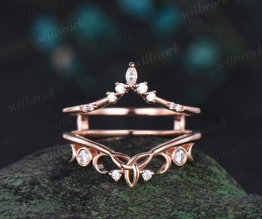 Double V Curved Diamond Wedding Band Enhancer Wraps Solid 14k Rose Gold Celtic Knot Moissanite Wedding Ring Band Women Anniversary Gift