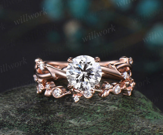 1ct Round Cut IGI Lab Grown Diamond Engagement Ring Solid 14k 18k Rose Gold Branch Twig Five Stone Vintage Wedding Promise Ring Set Women