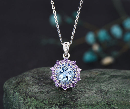 1ct Round Cut Aquamarine Necklace White Gold Snowdrift Double Halo Sapphire Amethyst Pendant Women Anniversary Gift Jewelry