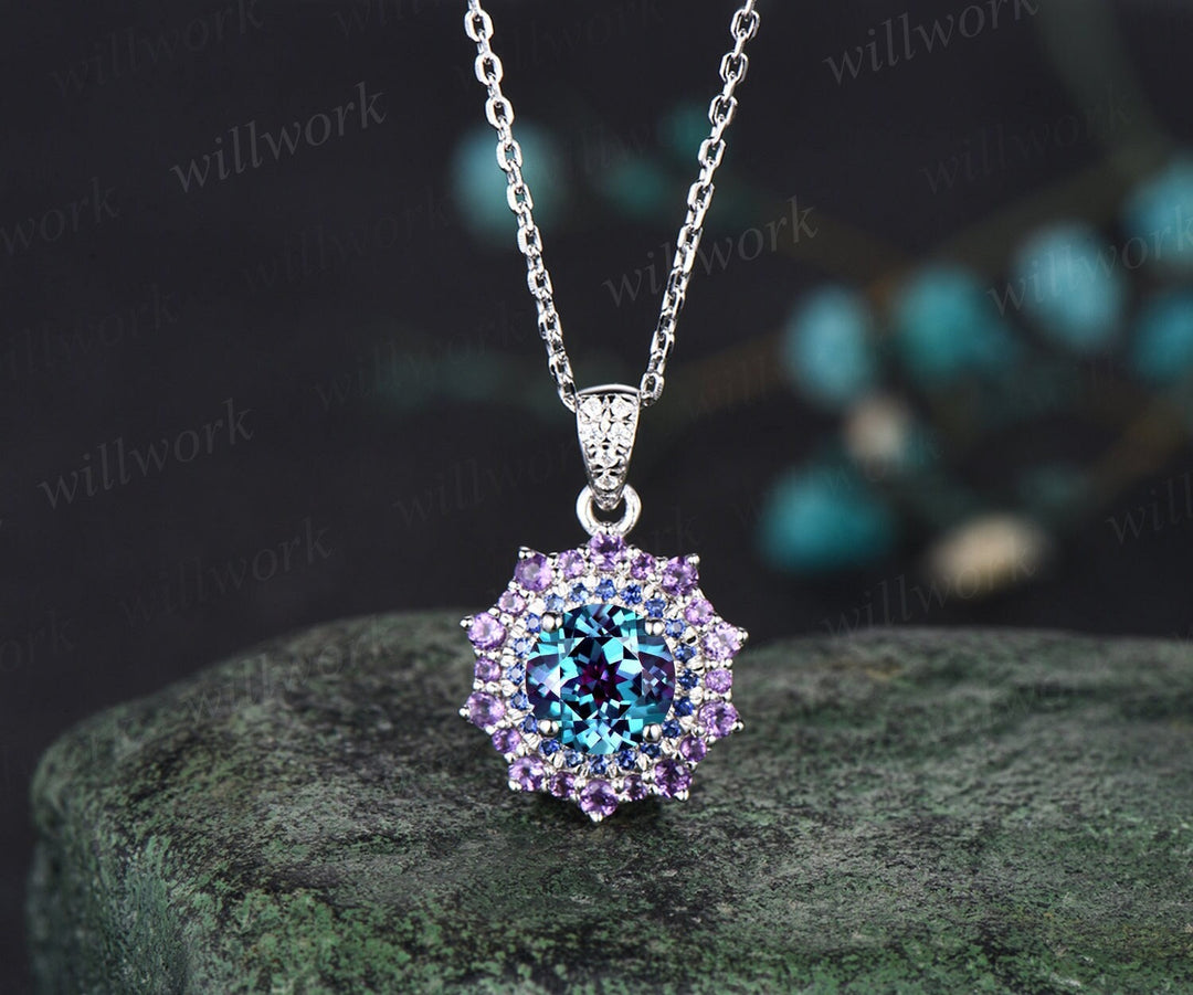 1ct Round Cut Alexandrite Necklace White Gold Snowdrift Double Halo Sapphire Amethyst Pendant Women Color Change Gemstone Anniversary Gift